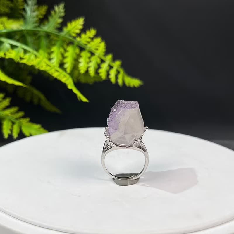 紫水晶活口戒指 隨形冰透晶柱紫色水晶標本礦物手工指環 S925銀