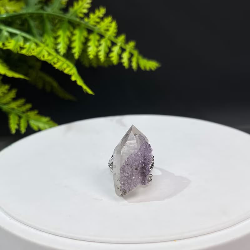 紫水晶活口戒指 隨形冰透晶柱紫色水晶標本礦物手工指環 S925銀