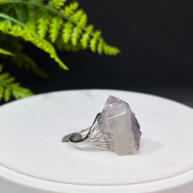 紫水晶活口戒指 隨形冰透晶柱紫色水晶標本礦物手工指環 S925銀