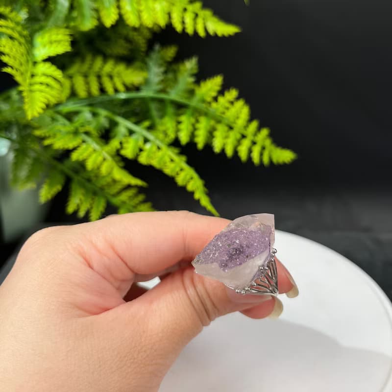 紫水晶活口戒指 隨形冰透晶柱紫色水晶標本礦物手工指環 S925銀