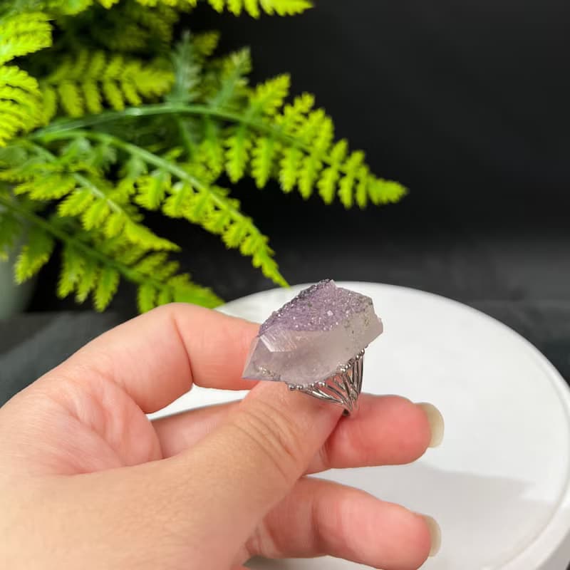 紫水晶活口戒指 隨形冰透晶柱紫色水晶標本礦物手工指環 S925銀