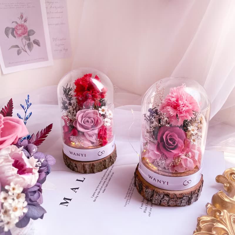 玫瑰花/康乃馨玻璃罩  乾燥花 永生花 夜燈 婚禮 母親節禮物 畢業