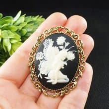 Ivory on Black Fairy Floral Lady Cameo Oval Golden Brooch Pin Woman Jewelry Gift