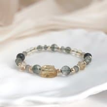 黃水晶、綠幽靈、綠髮晶、拉長石 天然石手鍊