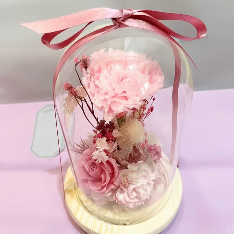 感謝有你一路相伴-永生康乃馨 乾燥花玻璃花盅 小夜燈