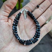 Double Black Onyx bracelet with silver feather