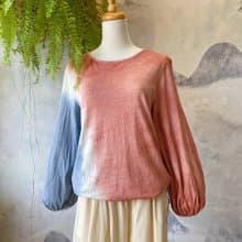 礦物泥染 100%有機棉 長袖圓領上衣  宮廷袖 後綁帶設計