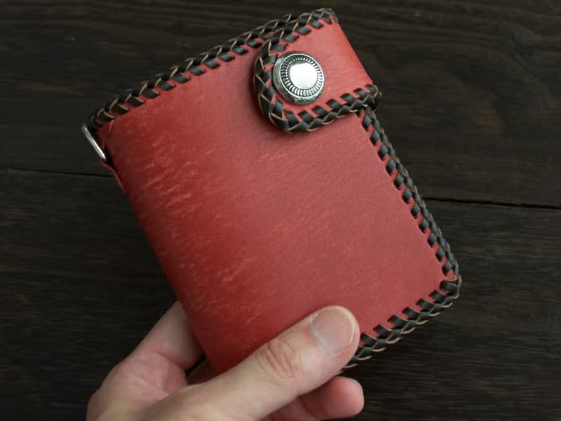 【受注製作】イタリアンレザー　Maya　かがり縫い二つ折り財布　レッドxブラウン