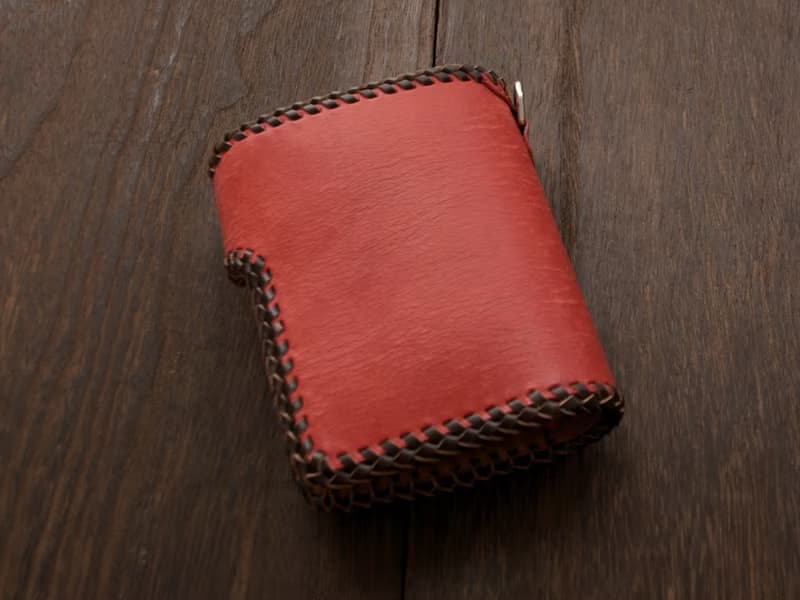 【受注製作】イタリアンレザー　Maya　かがり縫い二つ折り財布　レッドxブラウン