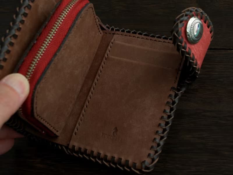 【受注製作】イタリアンレザー　Maya　かがり縫い二つ折り財布　レッドxブラウン