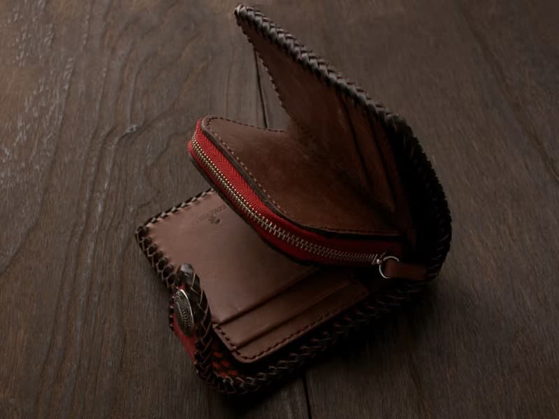 【受注製作】イタリアンレザー　Maya　かがり縫い二つ折り財布　レッドxブラウン