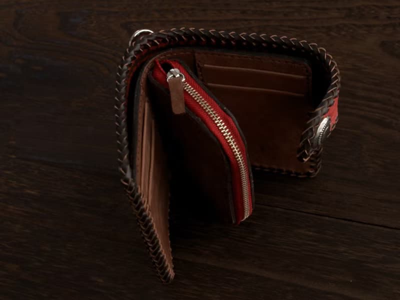 【受注製作】イタリアンレザー　Maya　かがり縫い二つ折り財布　レッドxブラウン