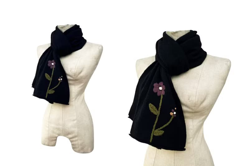 Jocomomola wool long scarf decorated with florals hand embroidery at hemline