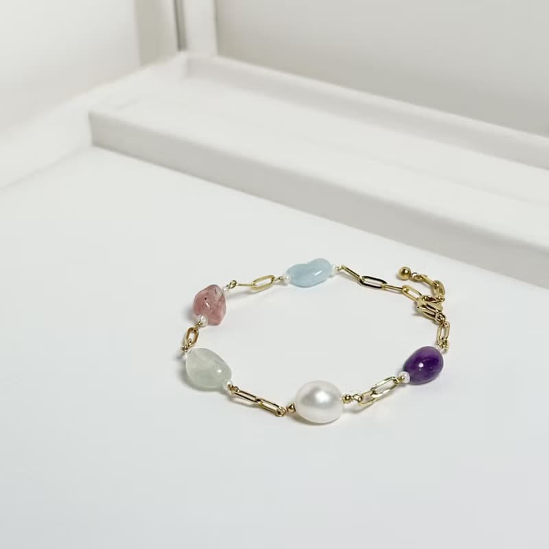 天然寶石316醫療鋼手鍊/巴洛克珍珠 紫水晶 海藍寶 不鏽鋼手鍊