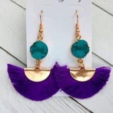 Silk fringe earrings Purple earring Silk tassel earrings Fan tassel Green druzy