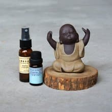 采砂陶佛陀.小沙彌.福豬原木擴香墊+台檜擴香精油(送檜木純露)