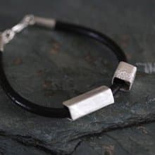 Leather bracelet silver square-profile tube beads (B0067B)