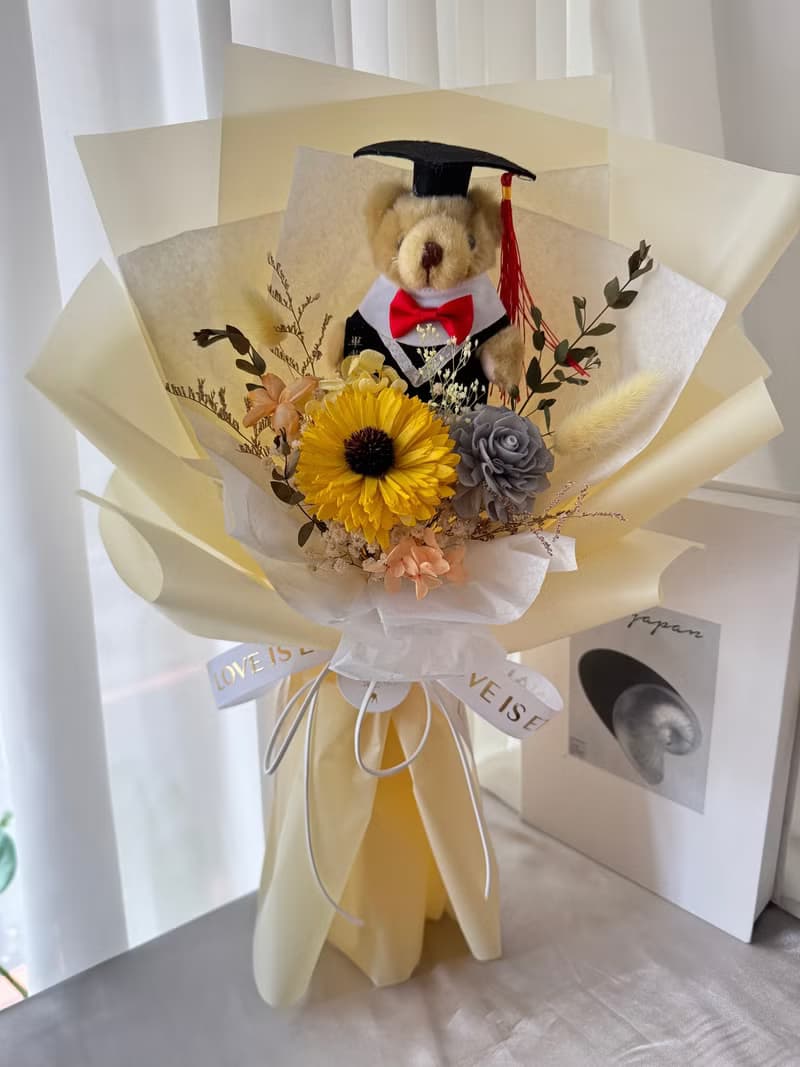 永生花乾燥花 畢業花束 熊熊款