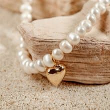 天然白色珍珠愛心項鍊 6–7mm 金色吊墜 時尚經典 情人節禮物