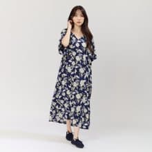 Kelly小V領拋袖長洋裝連身裙/丈青印花