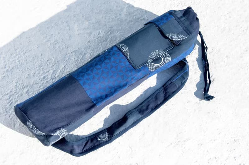 手工藍染瑜珈墊背包/yoga bag/瑜伽包/編織包/織布包-木刻印圓圈