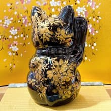 【櫻耀雅福】日本清水燒招財貓 | 色繪 黑地金櫻 - 特大