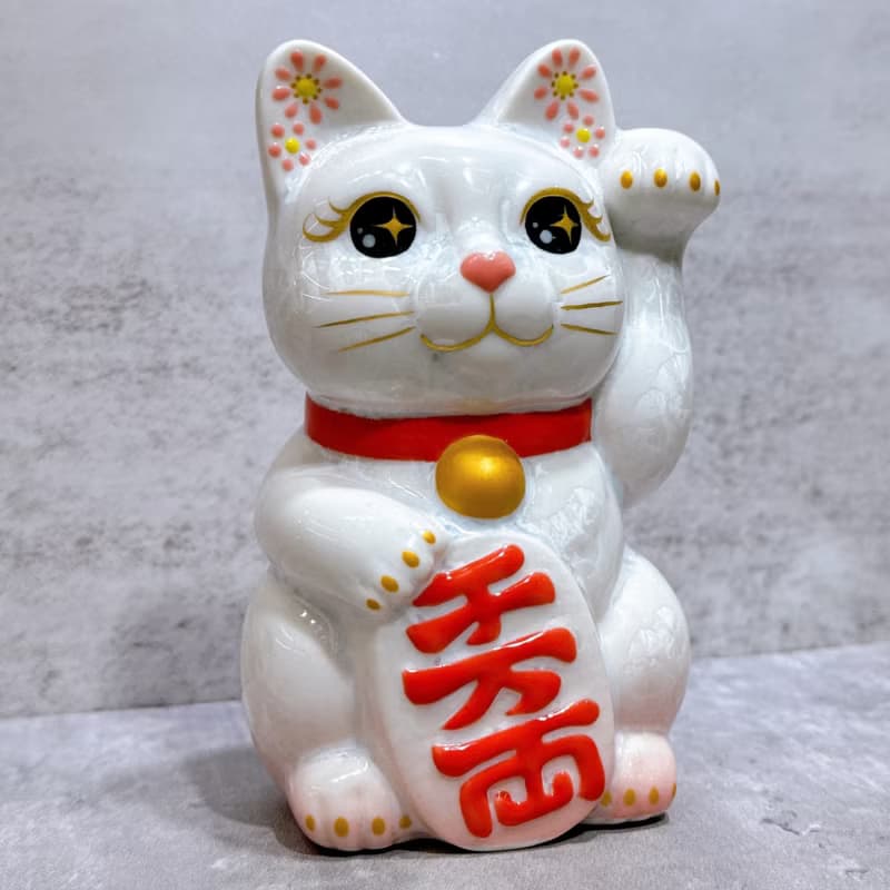 【千福盈門】日本清水燒招財貓 | 花結晶 桃白 千万両 左