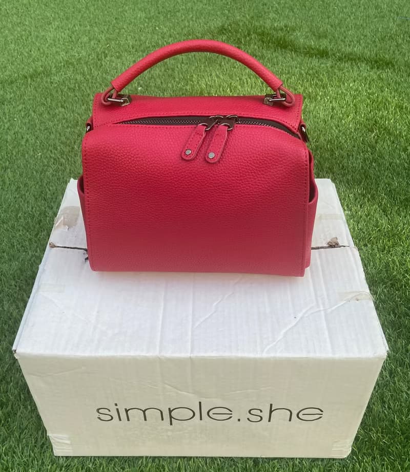 simple.she真皮拉鍊小方包手提側揹包手袋 橙紅色