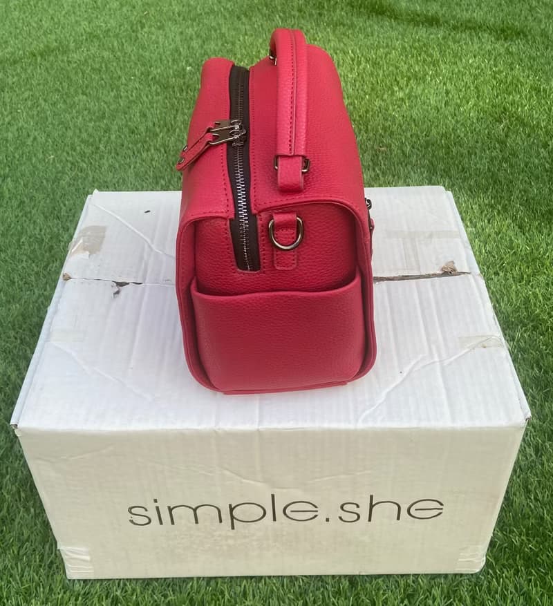 simple.she真皮拉鍊小方包手提側揹包手袋 橙紅色