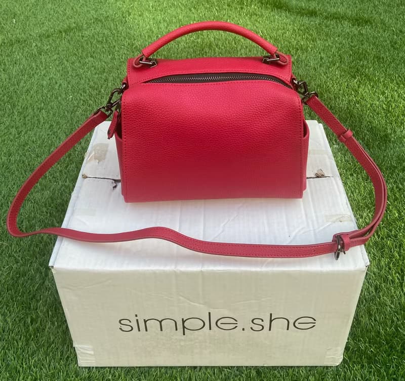 simple.she真皮拉鍊小方包手提側揹包手袋 橙紅色