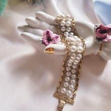 美國西洋古董飾品/SARAH COV寬版人造珍珠金色手鍊 復古珠寶首飾