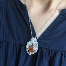 鍍銀線繞編墜飾項鍊~石來運轉B款(橙色瑪瑙)手作的詩手作設計單品