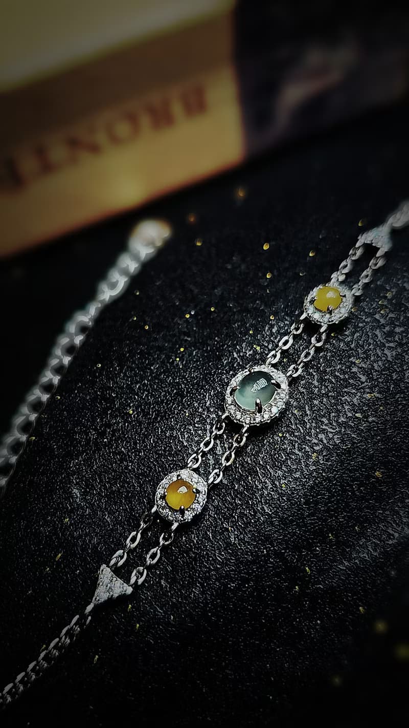 |招財蜂蜜糖|A貨翡翠冰種無燒黃白翡蛋面5.5mm純銀鍍18k多顆手鏈