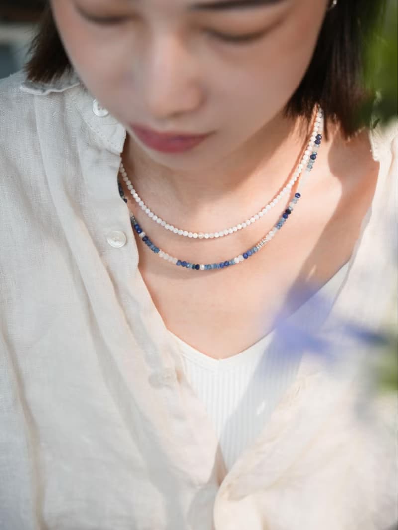 原創花青澗石天然藍紋石項鏈天然珍珠s925文藝百搭銀項鏈生日禮物