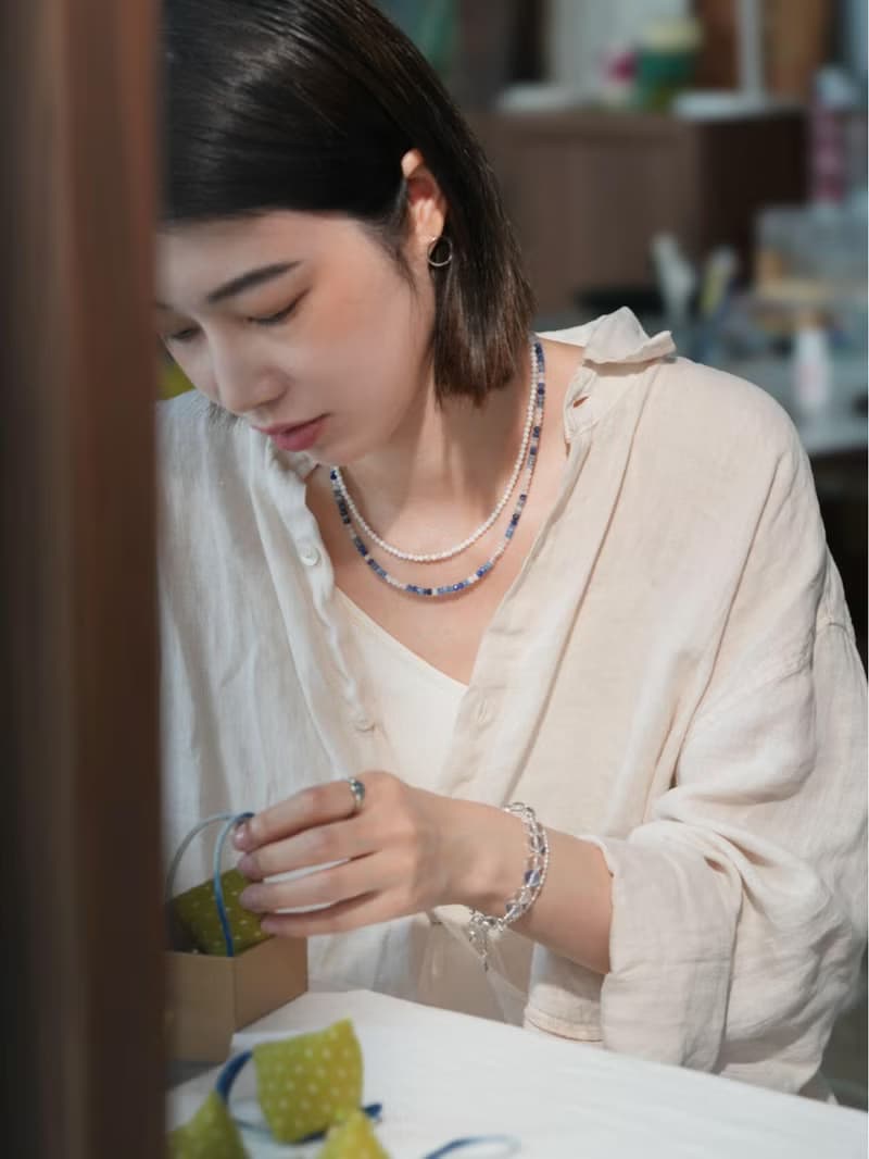 原創花青澗石天然藍紋石項鏈天然珍珠s925文藝百搭銀項鏈生日禮物