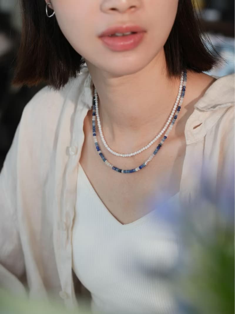 原創花青澗石天然藍紋石項鏈天然珍珠s925文藝百搭銀項鏈生日禮物