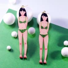 綠色波點比基尼少女 復古浪漫夏日人型耳飾 手繪木製