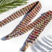 手工編織棉麻腰帶 手工梭織皮帶-水彩彩虹星辰條紋 手捻紗麗絲線