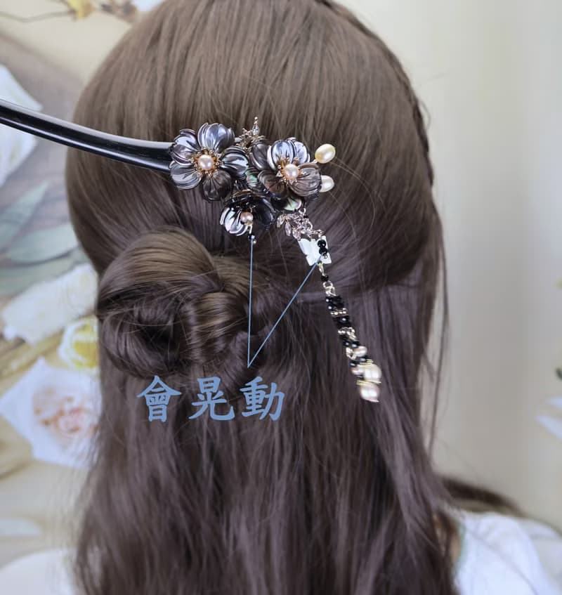 檸檬手作髮飾  天然黑蝶貝山茶花黑檀木髮簪/銅簪(流蘇可拆)