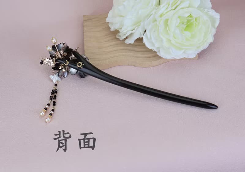 檸檬手作髮飾  天然黑蝶貝山茶花黑檀木髮簪/銅簪(流蘇可拆)