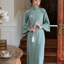 藍綠色 如玉 倒大袖麻花紋針織套頭旗袍 復古改良新中式國風洋裝
