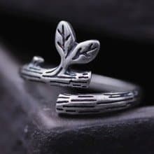 Real S925 Sterling Silver Handmade Leaf Women Opening Finger Rings Vintage Black