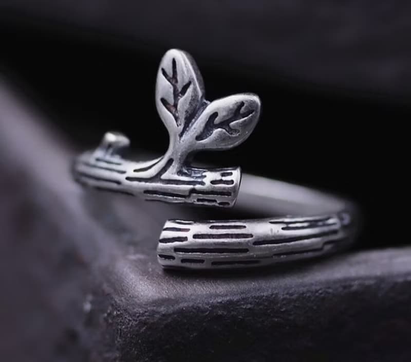 Real S925 Sterling Silver Handmade Leaf Women Opening Finger Rings Vintage Black