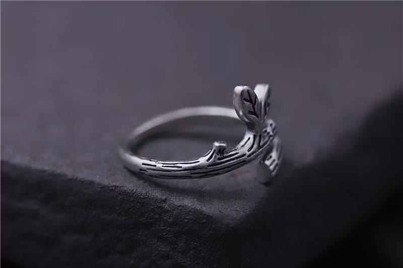 Real S925 Sterling Silver Handmade Leaf Women Opening Finger Rings Vintage Black