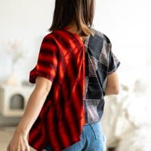 日本藍色古董布料幾何線條紅黑撞色四方衣四角衣