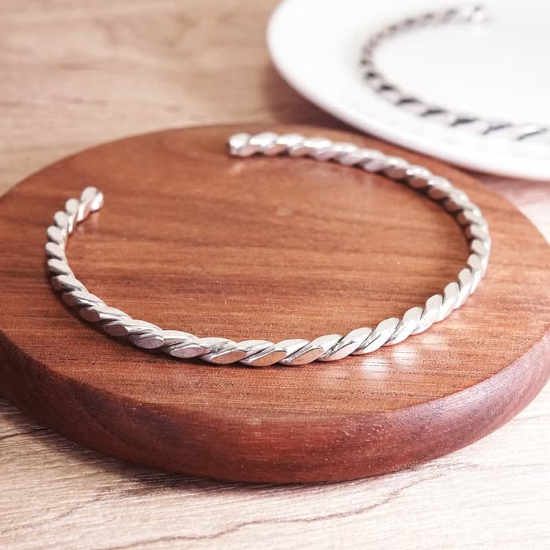 方晶格 麻花手環 銀白 925純銀手環 開口式 C型手環