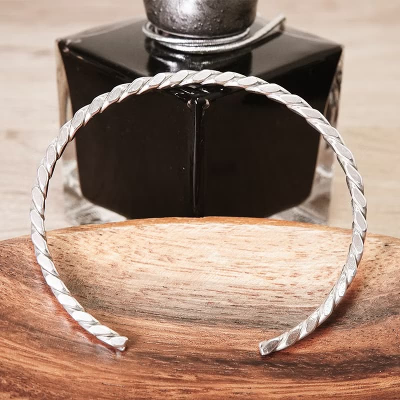 方晶格 麻花手環 銀白 925純銀手環 開口式 C型手環