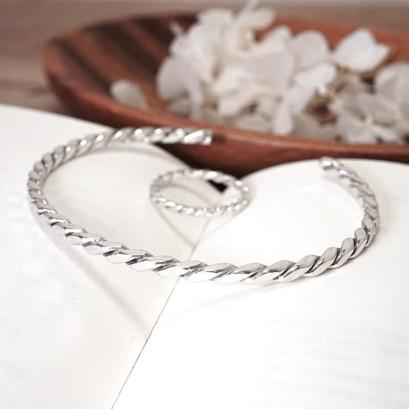 方晶格 麻花手環 銀白 925純銀手環 開口式 C型手環