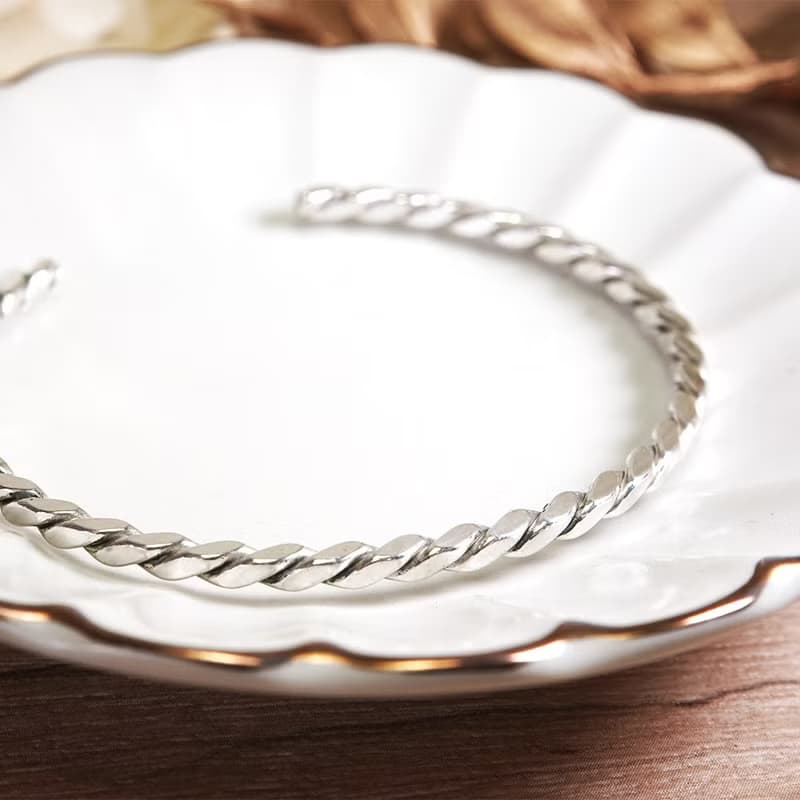 方晶格 麻花手環 銀白 925純銀手環 開口式 C型手環