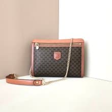 【初夏優惠】中古二手Celine啡杏色老花皮革斜揹側背孭手袋